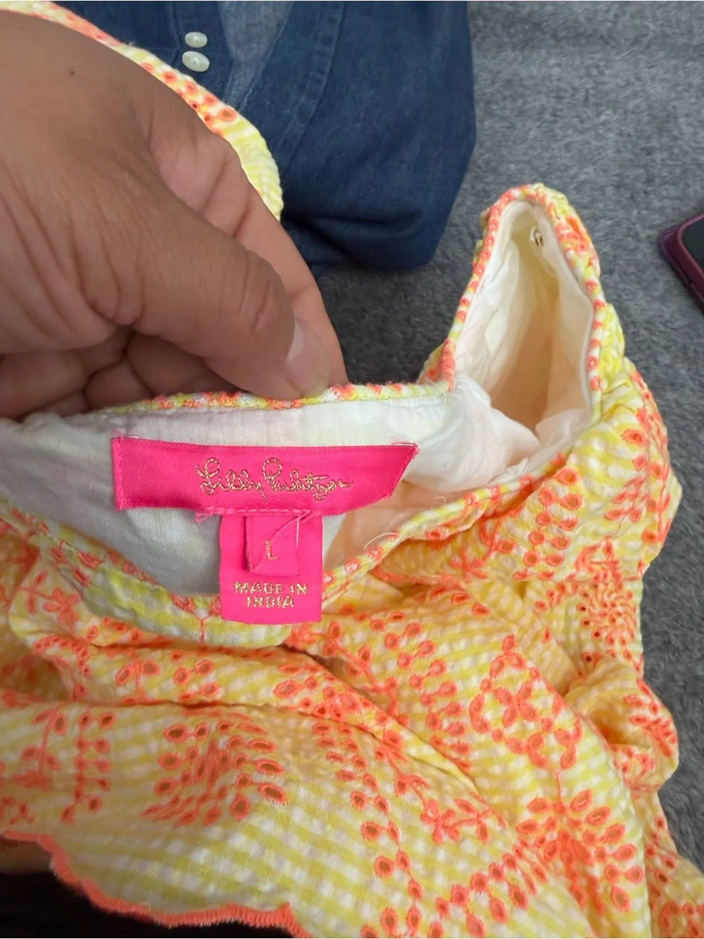 Lilly Pulitzer Lettie Eyelet Top yellow size Large with orange embroidered